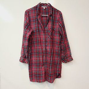 Victorias Secret Red Green Flannel Plaid Sleep Shirt Long Pajama Top Extra Small